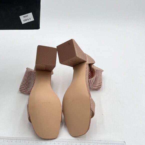 XYD Gold Studded Rhinestone Sandal Chunky Heel Elastic Wide Ankle Strap Shoes - Picture 7 of 8